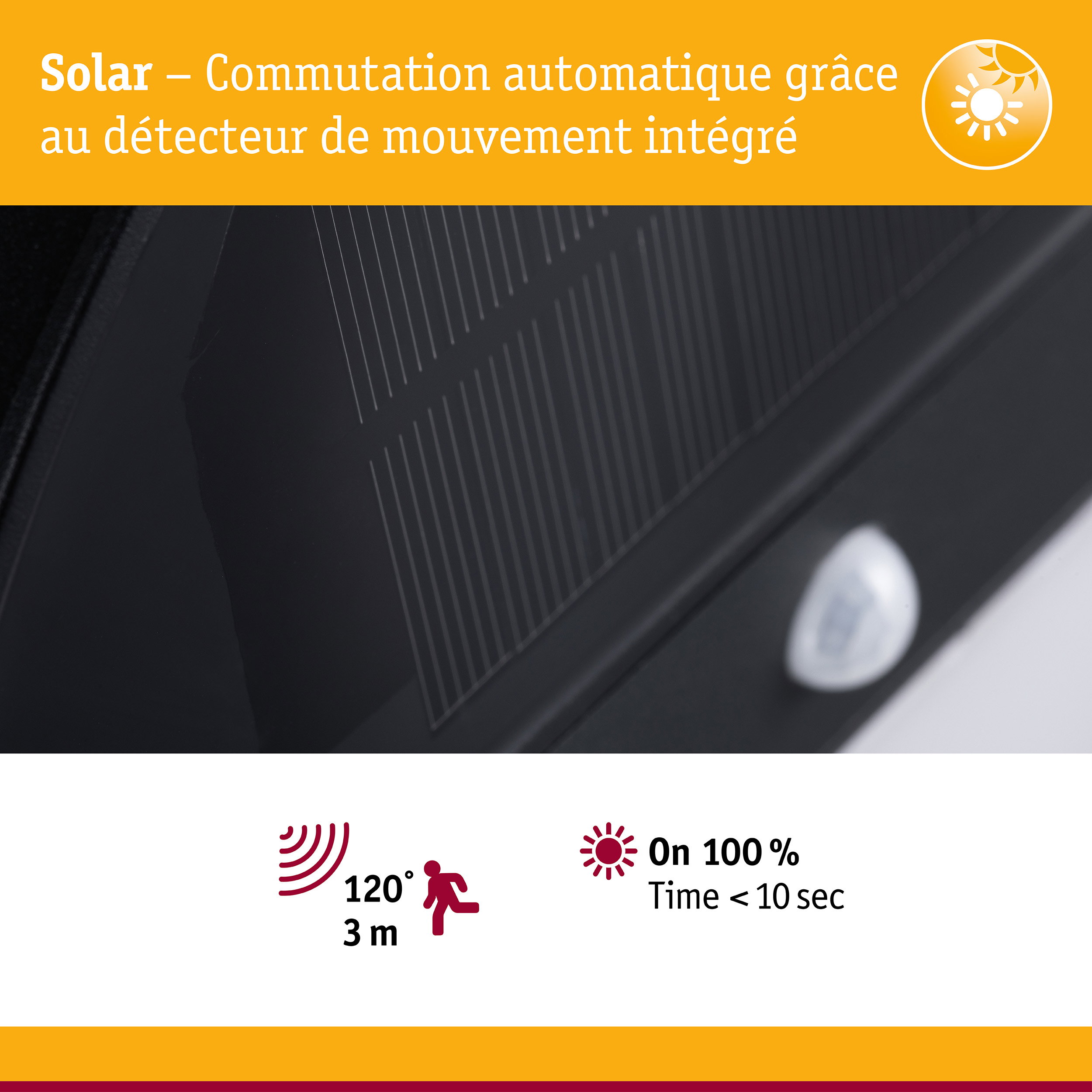 Détecteur de mouvement solaire avec commutation automatique et capteur intégré pour éclairage économique