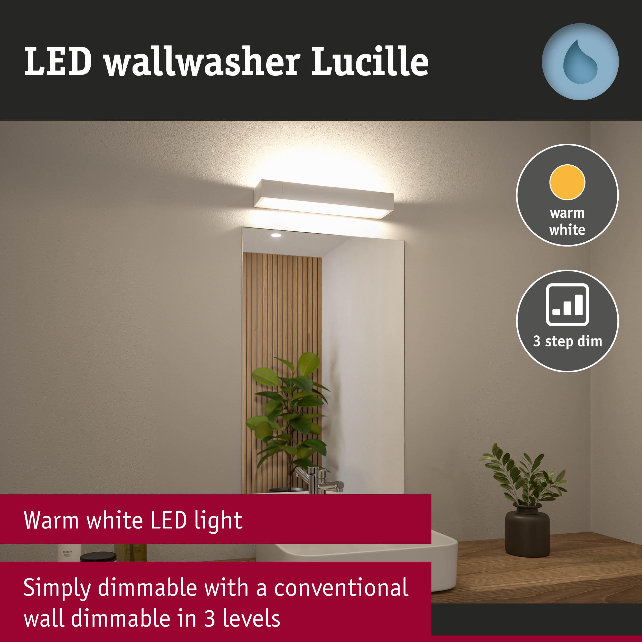 White LED wallwasher Lucille with warm white light and 3-step dimming, ideal for bathroom lighting.