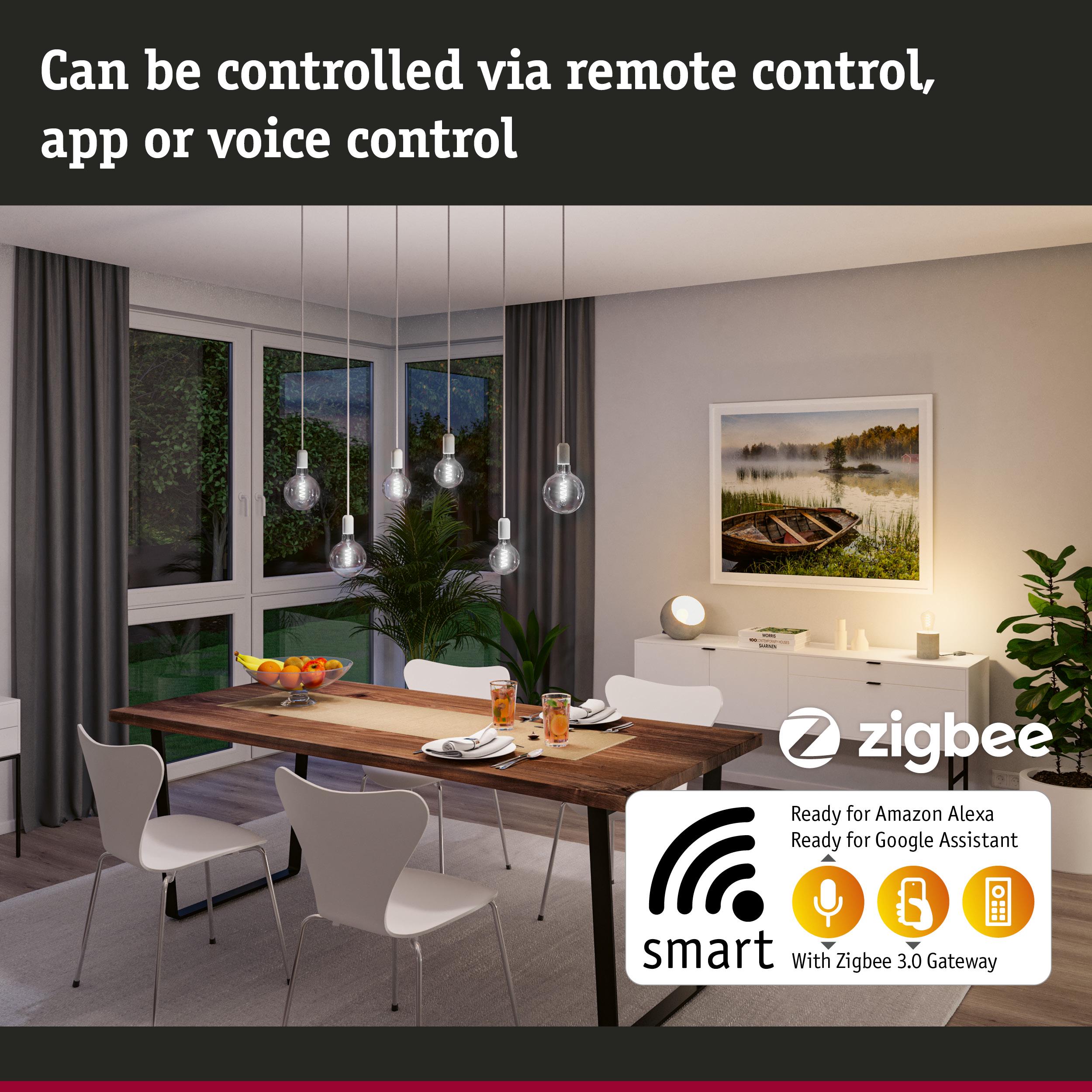 Modern dining area with smart dimmable LED pendant lights controllable via app, voice or remote control