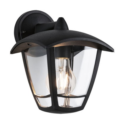 Black outdoor wall light in metal with clear glass and visible bulb for garden lighting