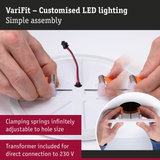 VariFit LED recessed light with adjustable clamping springs and built-in transformer for 230 V connection