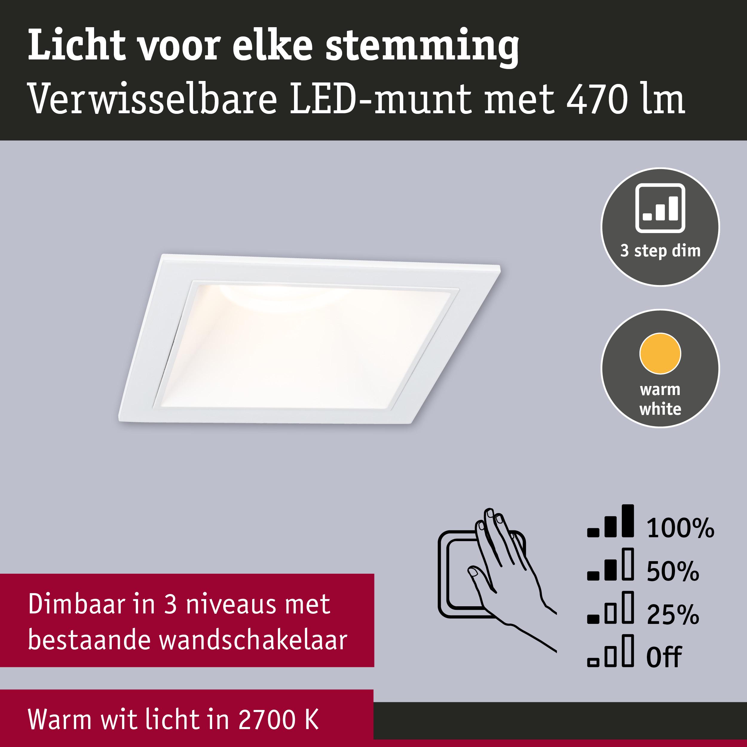Witte vierkante LED-inbouwspot met warm wit licht 2700K en 3-traps dimfunctie