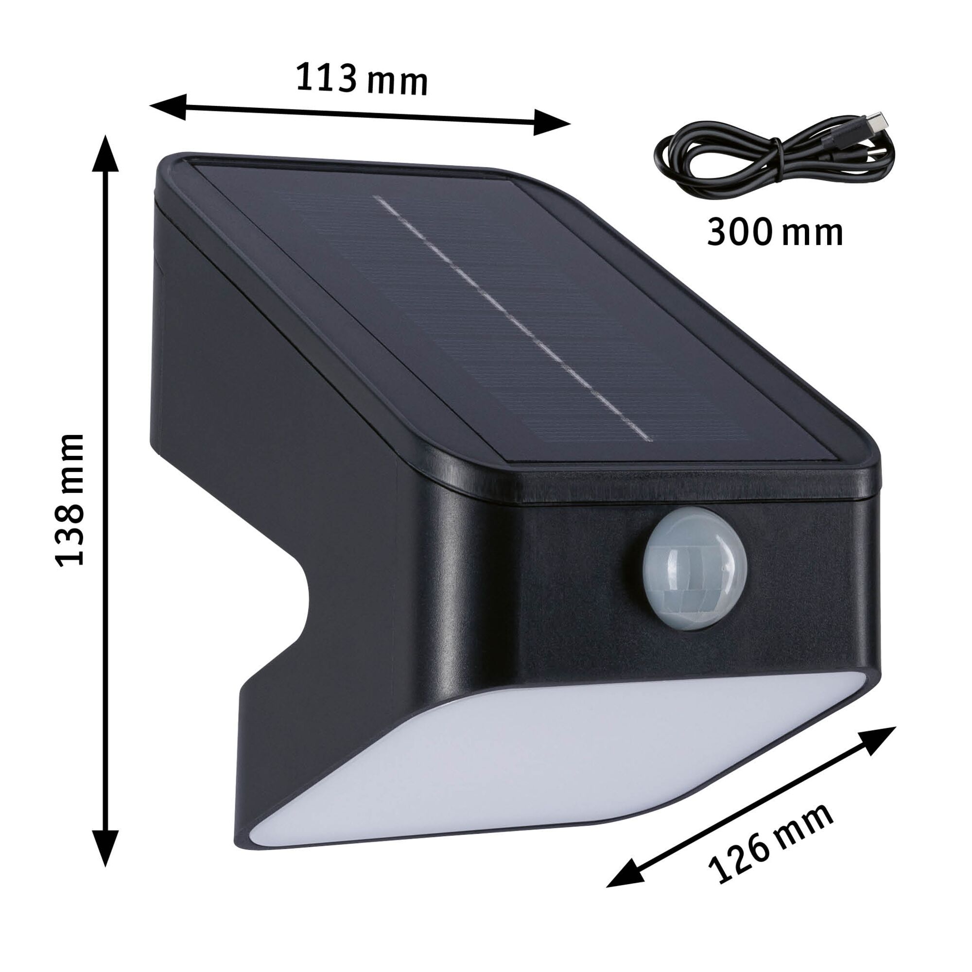 Zwarte zonne-energie buitenlamp met bewegingssensor en USB-kabel, waterdichte LED-wandlamp met afmetingen
