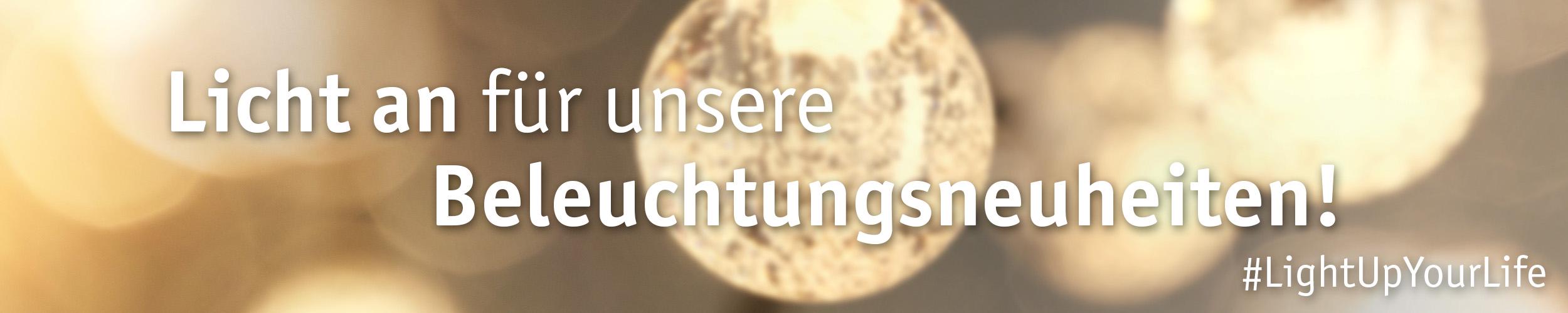Banner mit unscharfen warmweißen Lichtern und Text zu neuen Beleuchtungsprodukten im Shop.