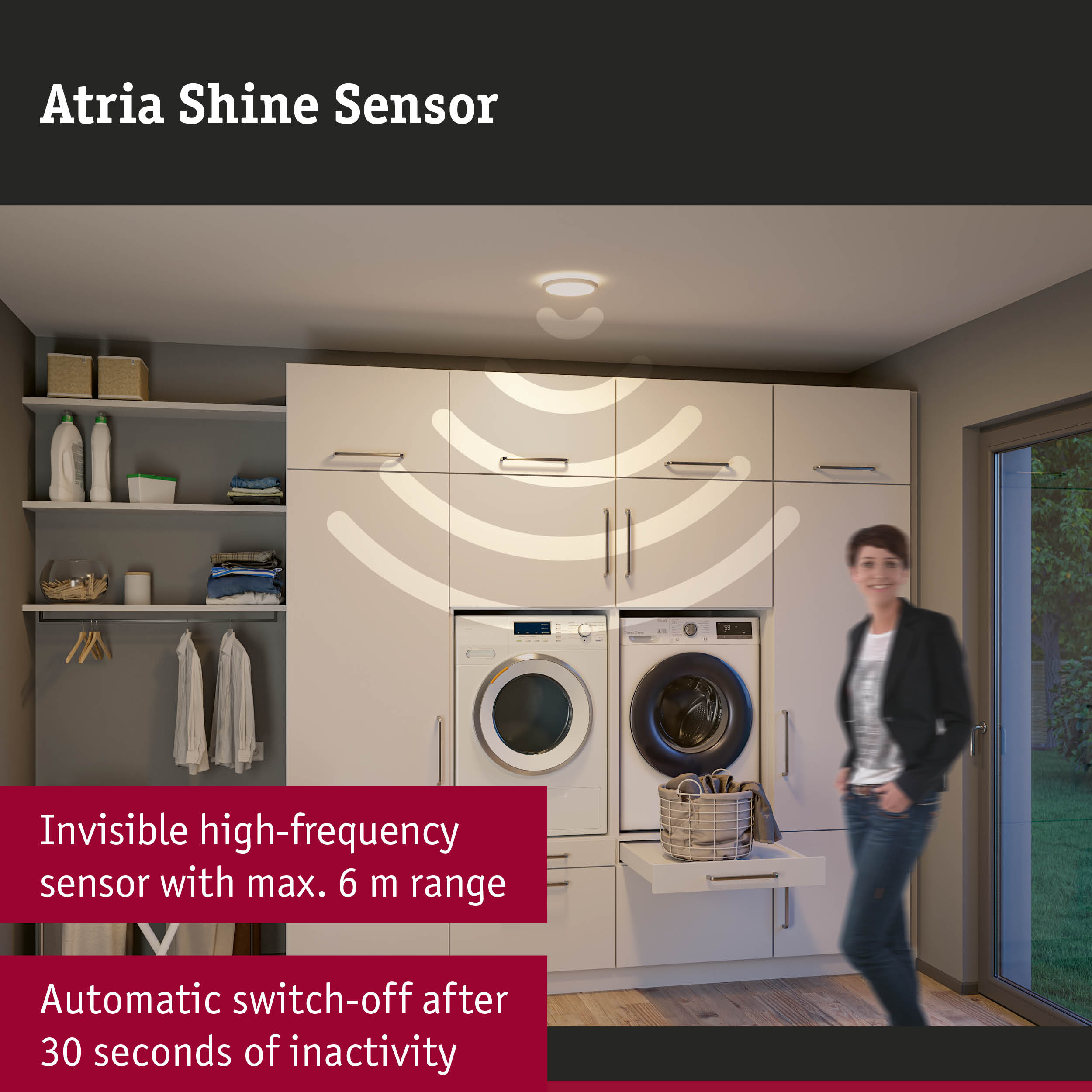 Atria Shine Sensor white ceiling light with invisible high-frequency sensor and automatic switch-off feature