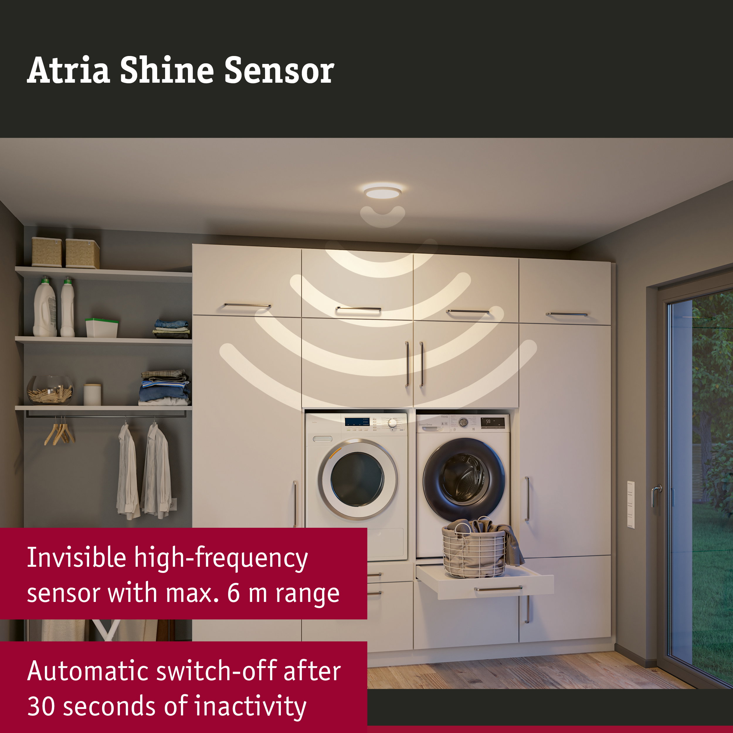 Atria Shine Sensor white ceiling light with invisible high-frequency sensor and automatic switch-off feature