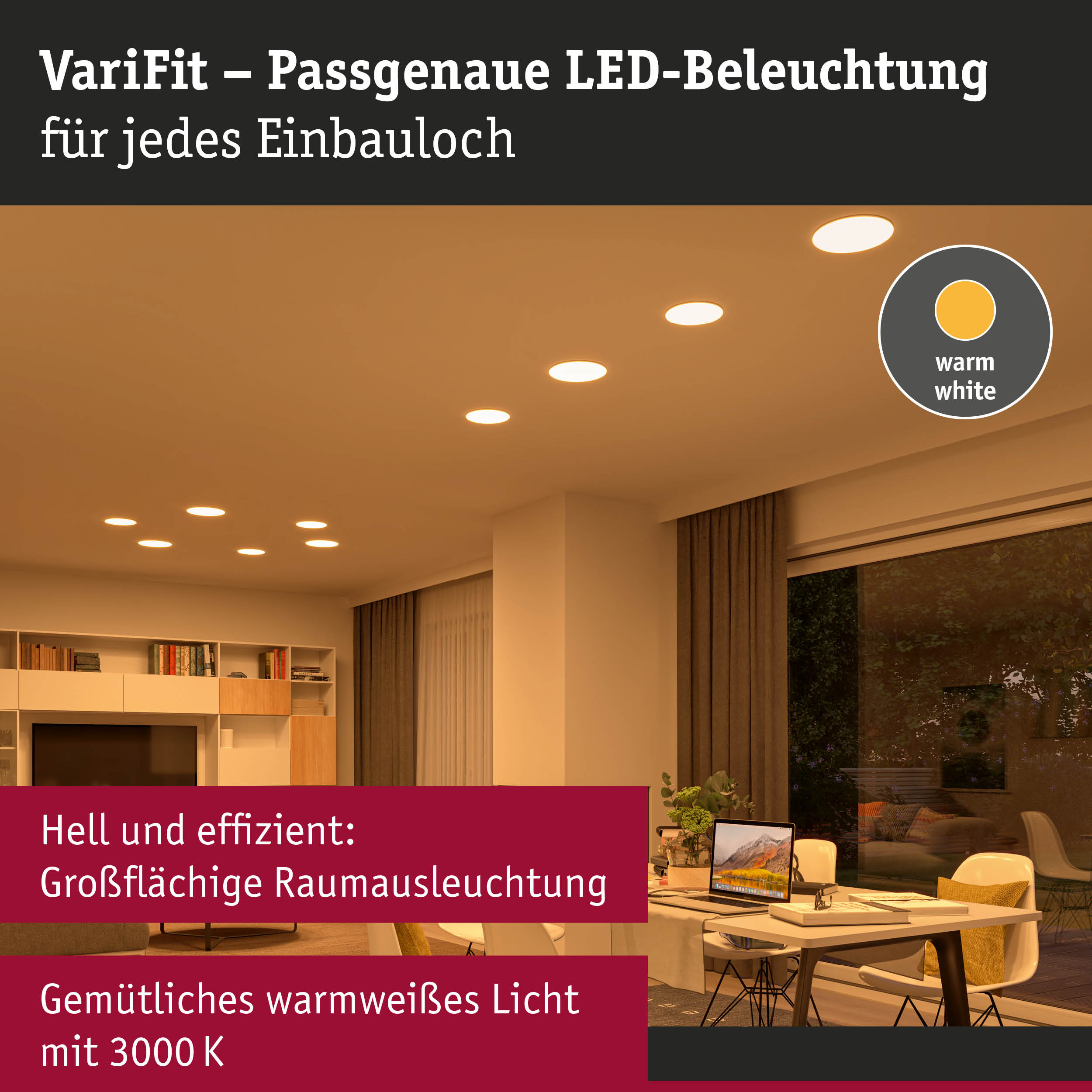 VariFit LED-Einbauleuchten in warmweiß für präzise und effiziente Raumbeleuchtung mit 3000K.