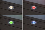 Four recessed metal LED floor lights with changing colors white, red, green, and blue for outdoor use.