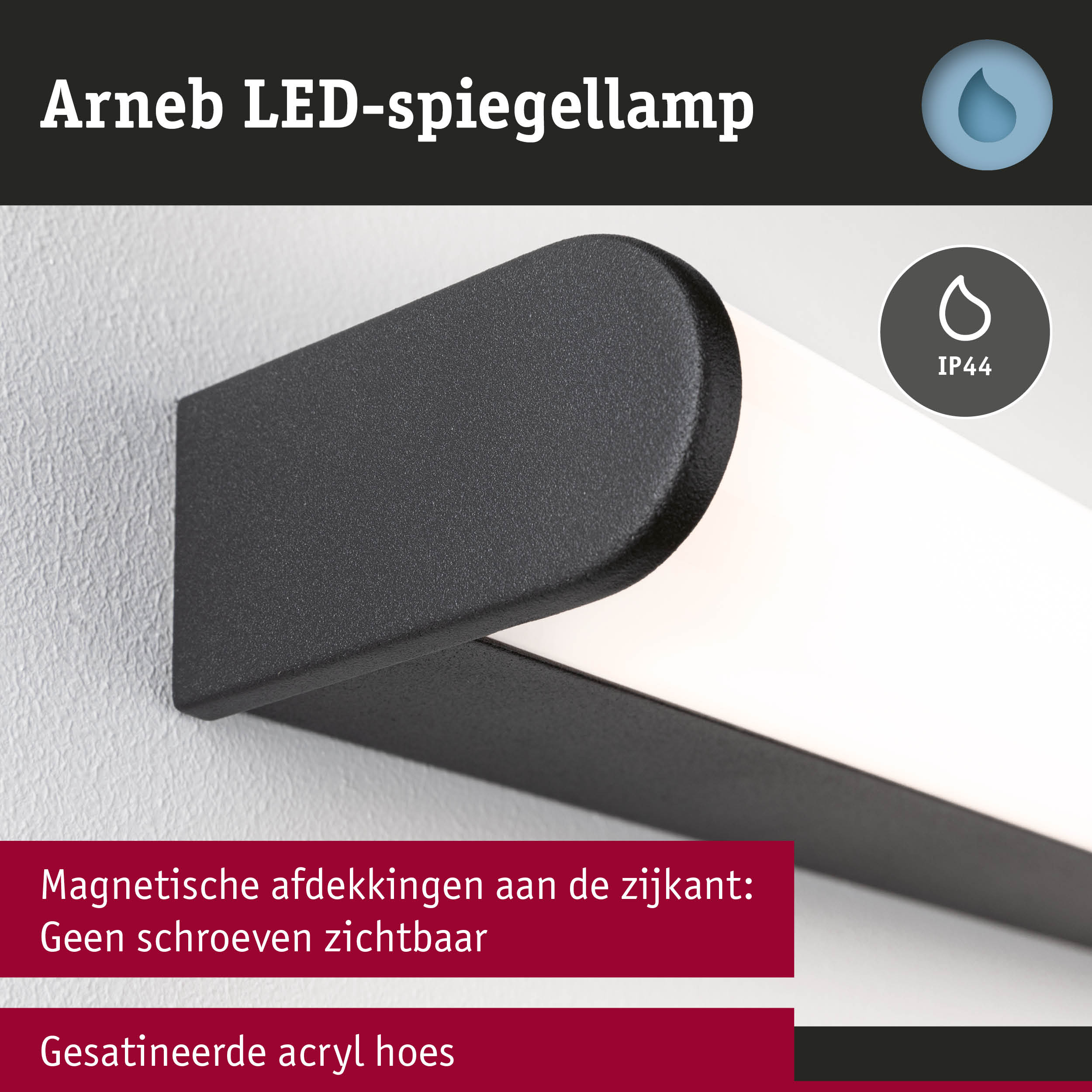 Arneb LED-spiegellamp met zwarte metalen behuizing en gesatineerde acrylkap, IP44 waterdicht