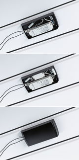 Schwarze Abdeckung für LED-Treiber mit sichtbarem weißen elektronischen Vorschaltgerät und Kabelanschlüssen an der Decke