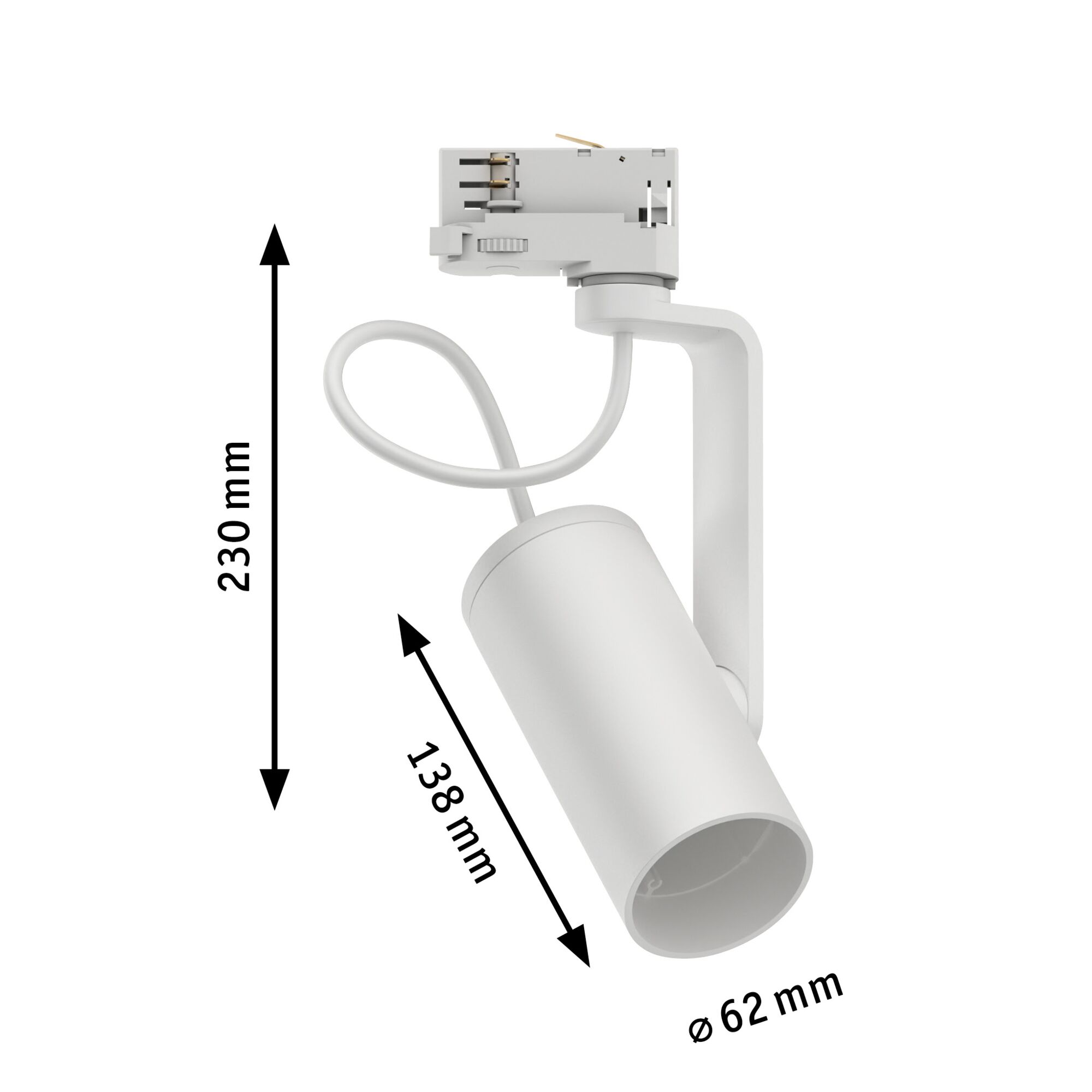 Weißer LED-Spot aus Metall mit 230 mm Höhe und 62 mm Durchmesser für Schienensysteme
