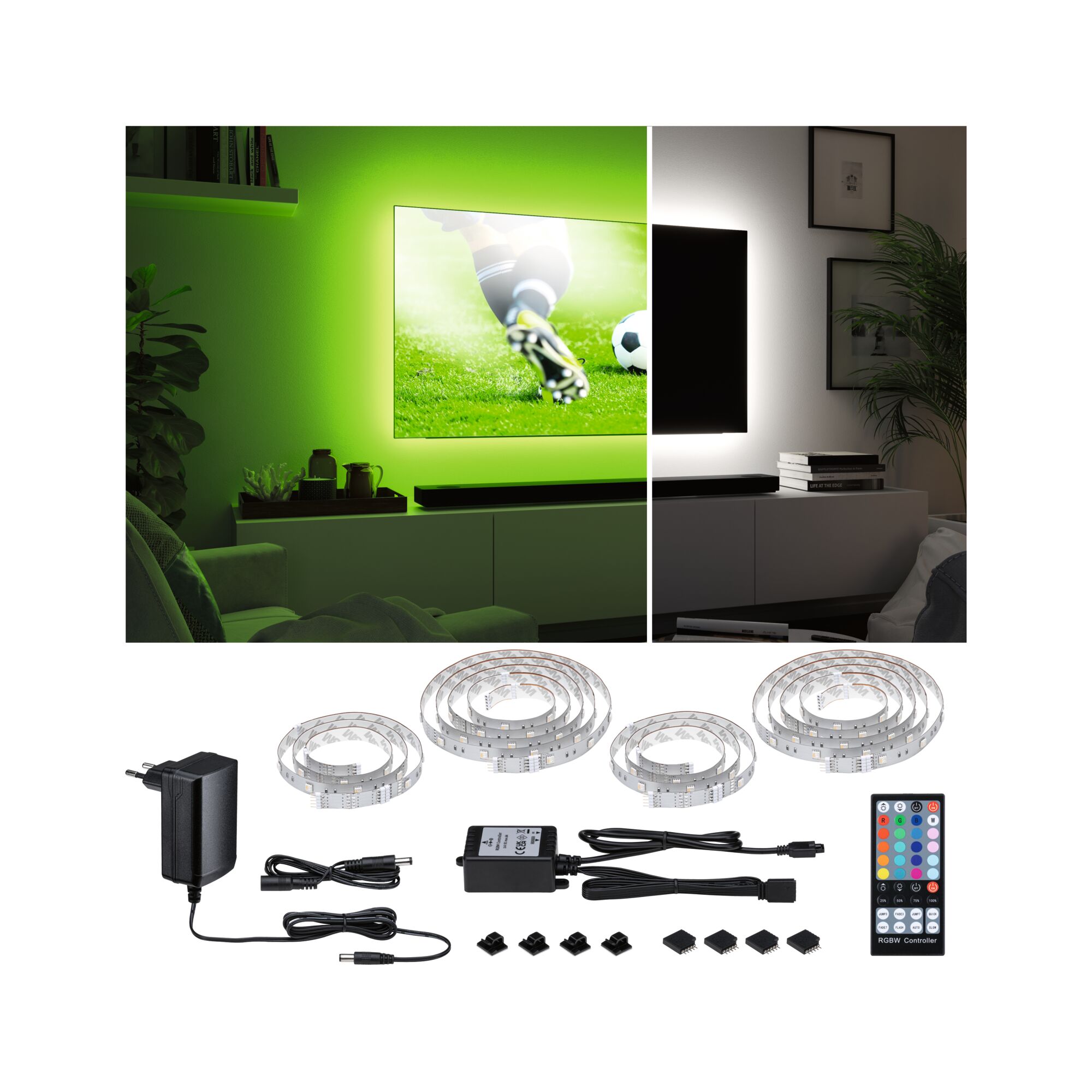 LED-Lichtband Set mit RGBW Controller, Netzteil und Zubehör für TV-Hintergrundbeleuchtung in Weiß