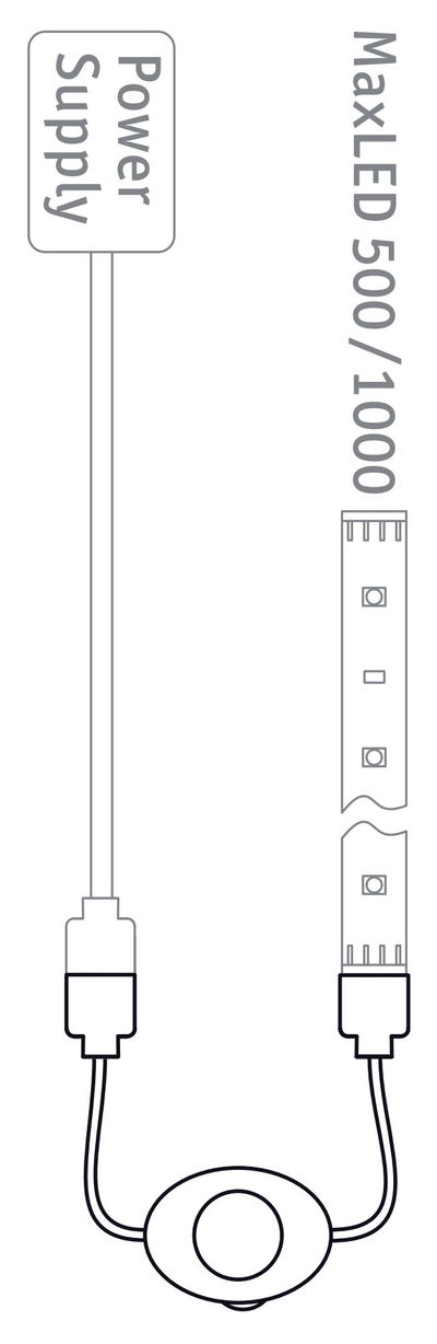 Schéma de câblage pour bande LED MaxLED 500/1000 avec alimentation et interrupteur noir et blanc