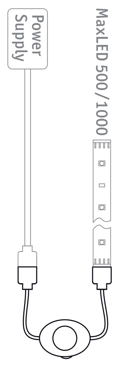 Wiring diagram for MaxLED 500/1000 LED strip with power supply and switch in black and white