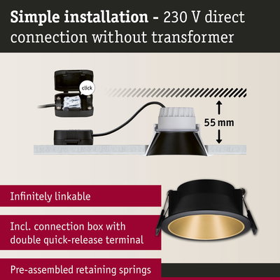 Black recessed spotlight with gold interior, 55 mm installation depth, easy 230 V direct connection lighting