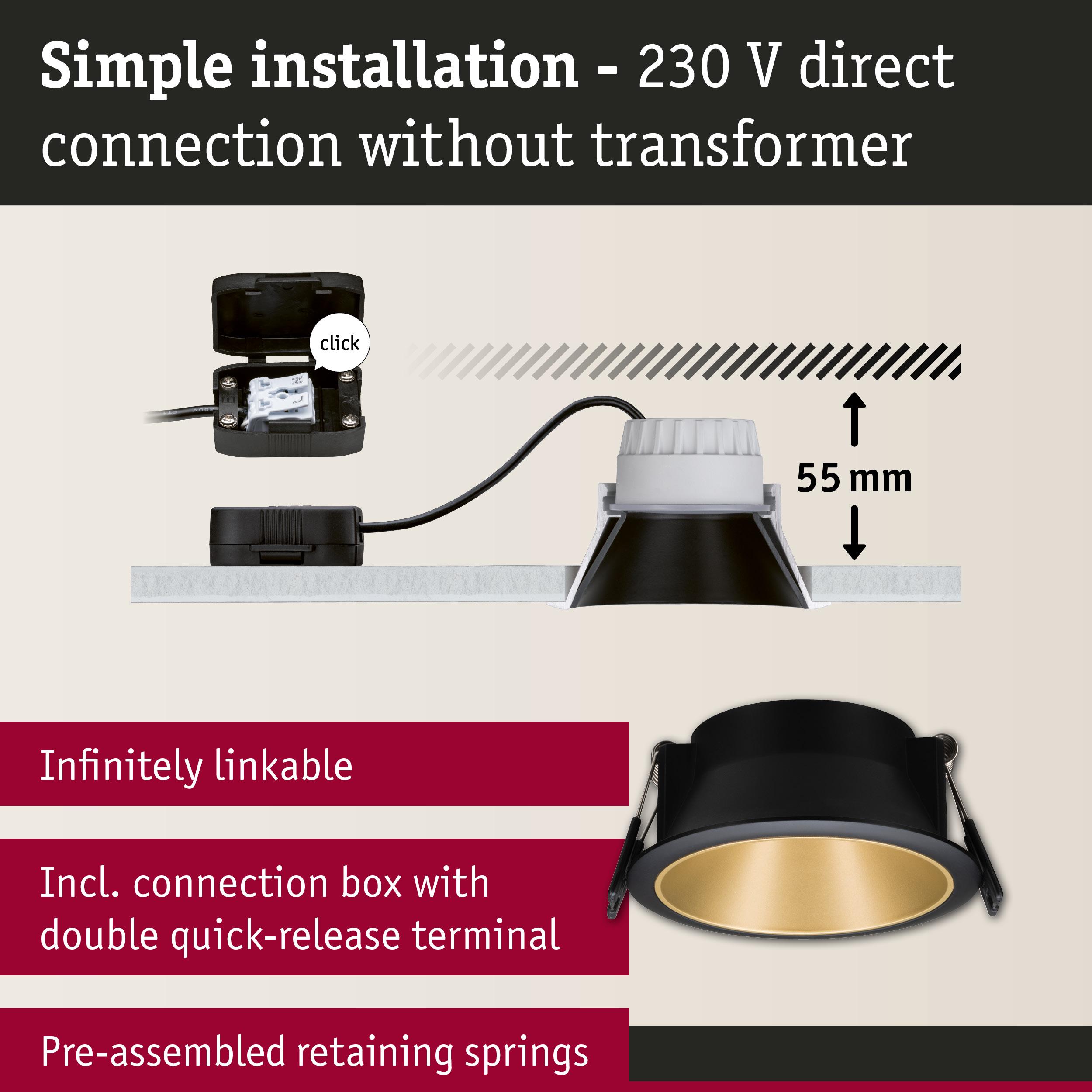 Black recessed spotlight with gold interior, 55 mm installation depth, easy 230 V direct connection lighting