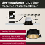 Black recessed spotlight with gold interior, 55 mm installation depth, easy 230 V direct connection lighting