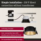 Black recessed spotlight with gold interior, 55 mm installation depth, easy 230 V direct connection lighting
