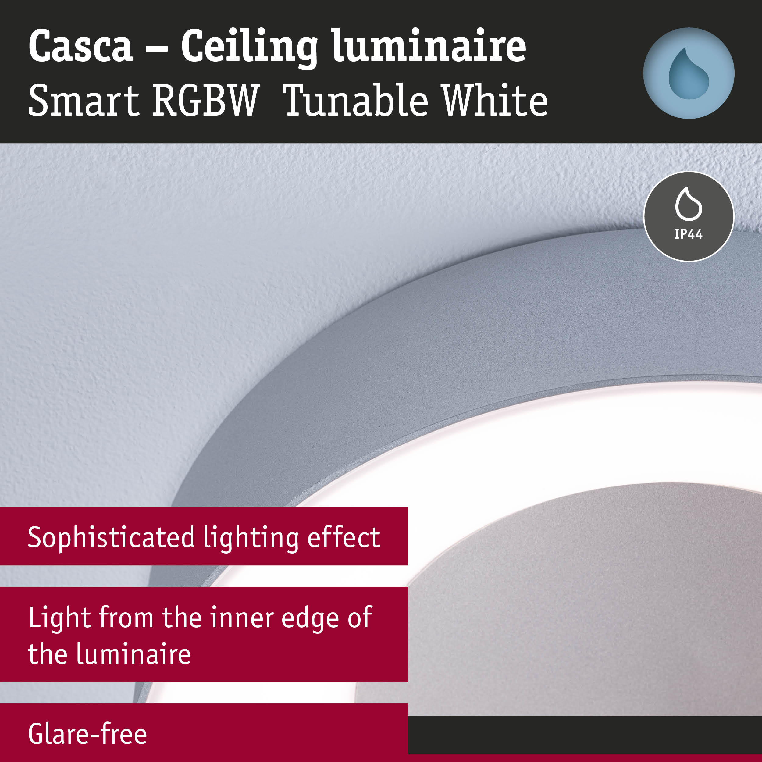 Casca ceiling luminaire in grey with adjustable RGBW light, glare-free design and IP44 protection