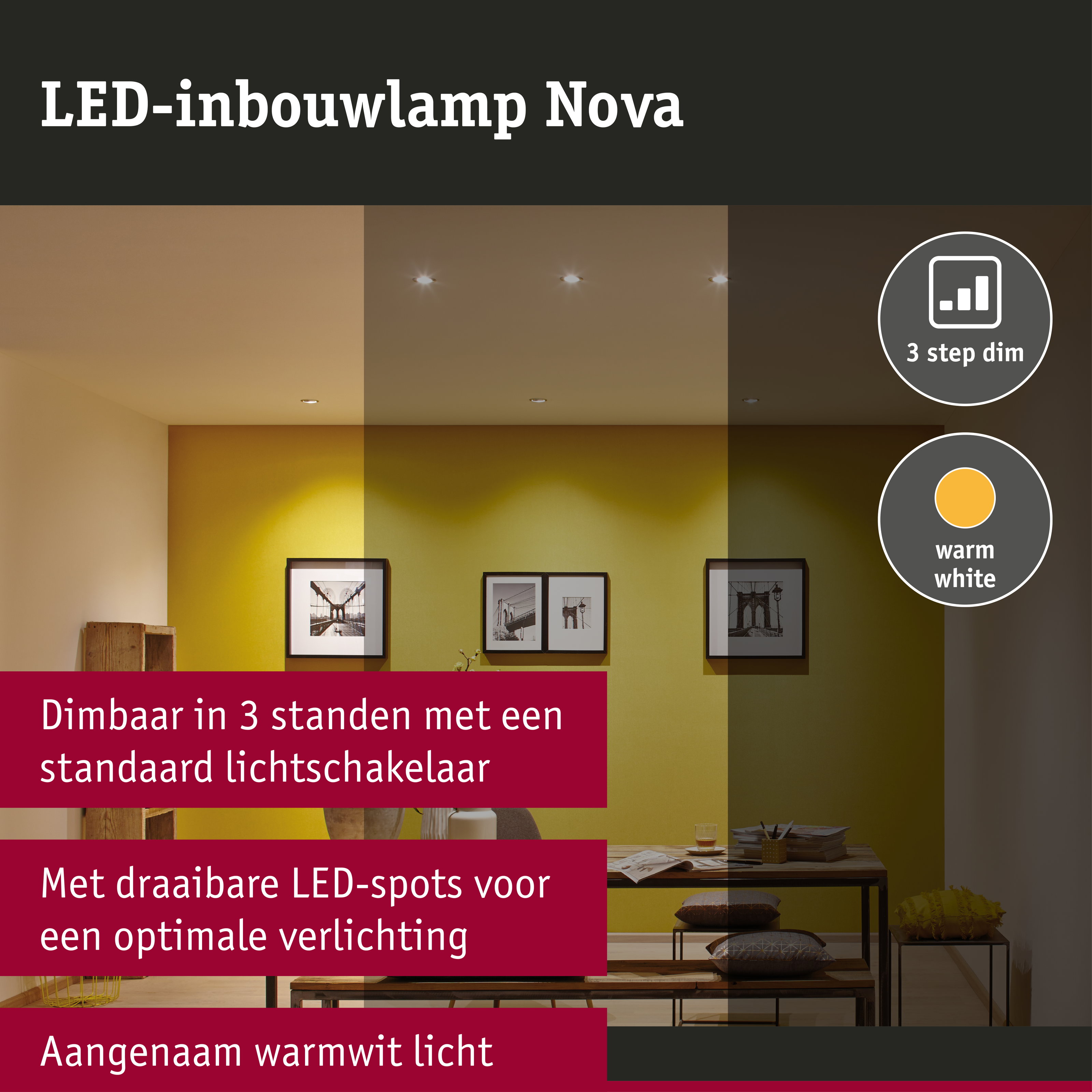 LED-inbouwlamp 3-Step-Dim Nova Coin Basisset zwenkbaar rond 84mm 50° Coin 3x6W 3x470lm 230V dimbaar 2700K Staal geborsteld