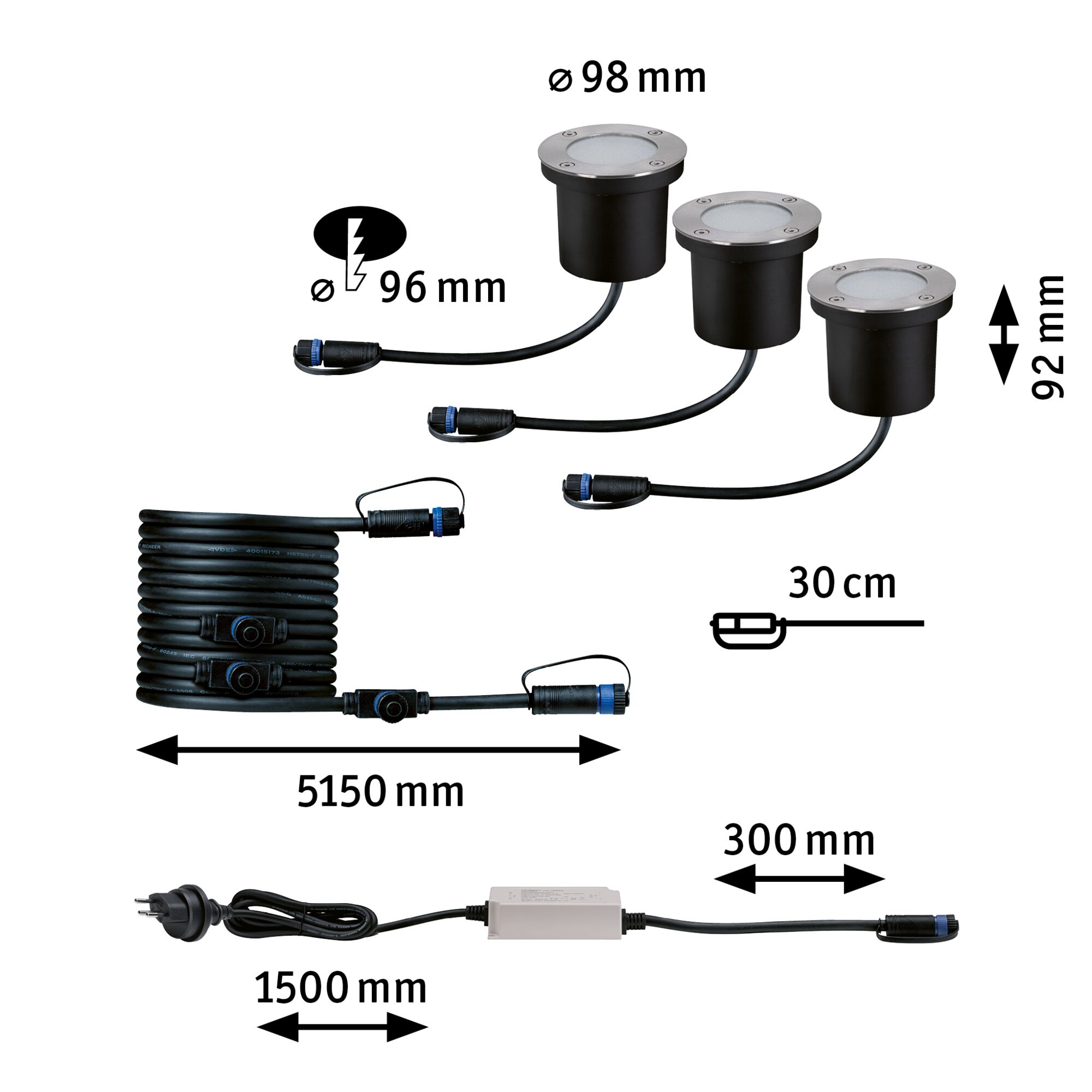 Ensemble de spots LED encastrés noirs avec bord en acier inoxydable, câbles et alimentation, dimensions indiquées.