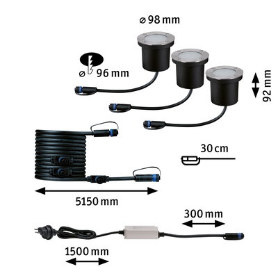 Schwarzes LED-Einbauleuchten-Set mit Edelstahlrand, Kabeln und Netzteil, Maße und Anschlüsse dargestellt.