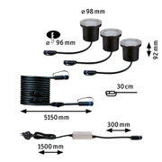 Schwarzes LED-Einbauleuchten-Set mit Edelstahlrand, Kabeln und Netzteil, Maße und Anschlüsse dargestellt.