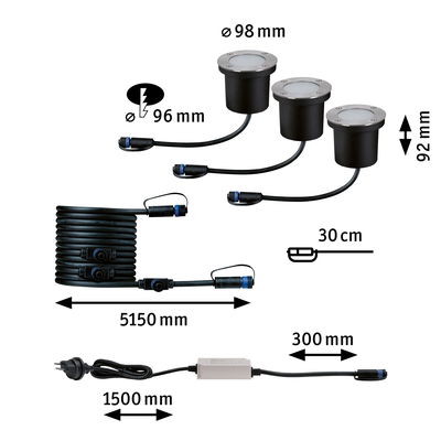 Ensemble de spots LED encastrés noirs avec bord en acier inoxydable, câbles et alimentation, dimensions indiquées.