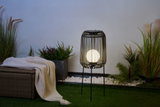 Black metal floor lamp with round white light in garden on green grass surrounded by plants.