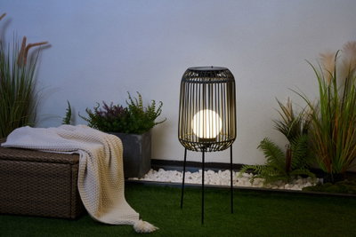 Black metal floor lamp with round white light in garden on green grass surrounded by plants.