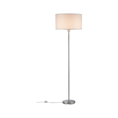 Floor lamp with white fabric shade and brushed metal base for modern home lighting