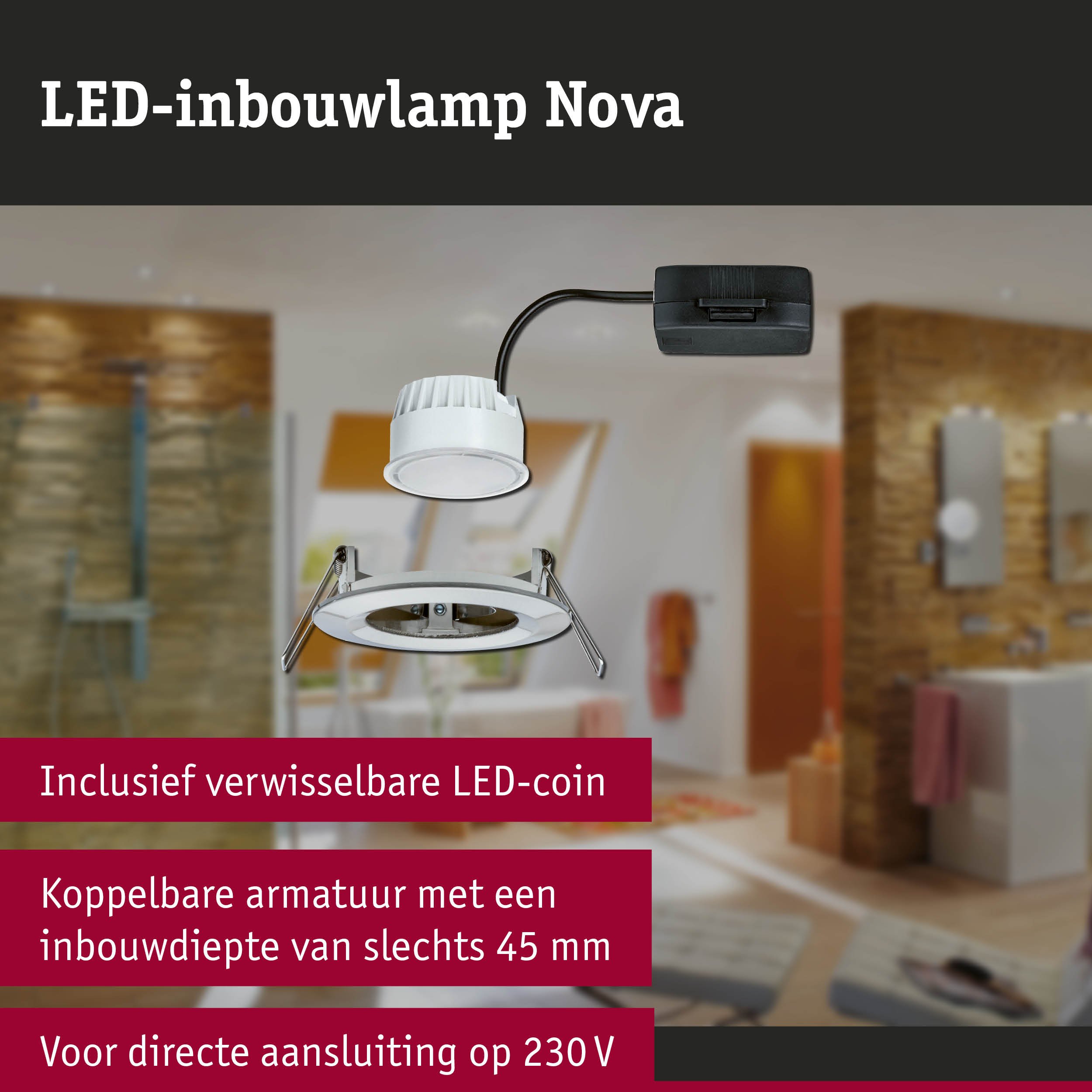 Witte LED-inbouwlamp Nova met verwisselbare LED-coin en 45 mm inbouwdiepte voor 230V aansluiting