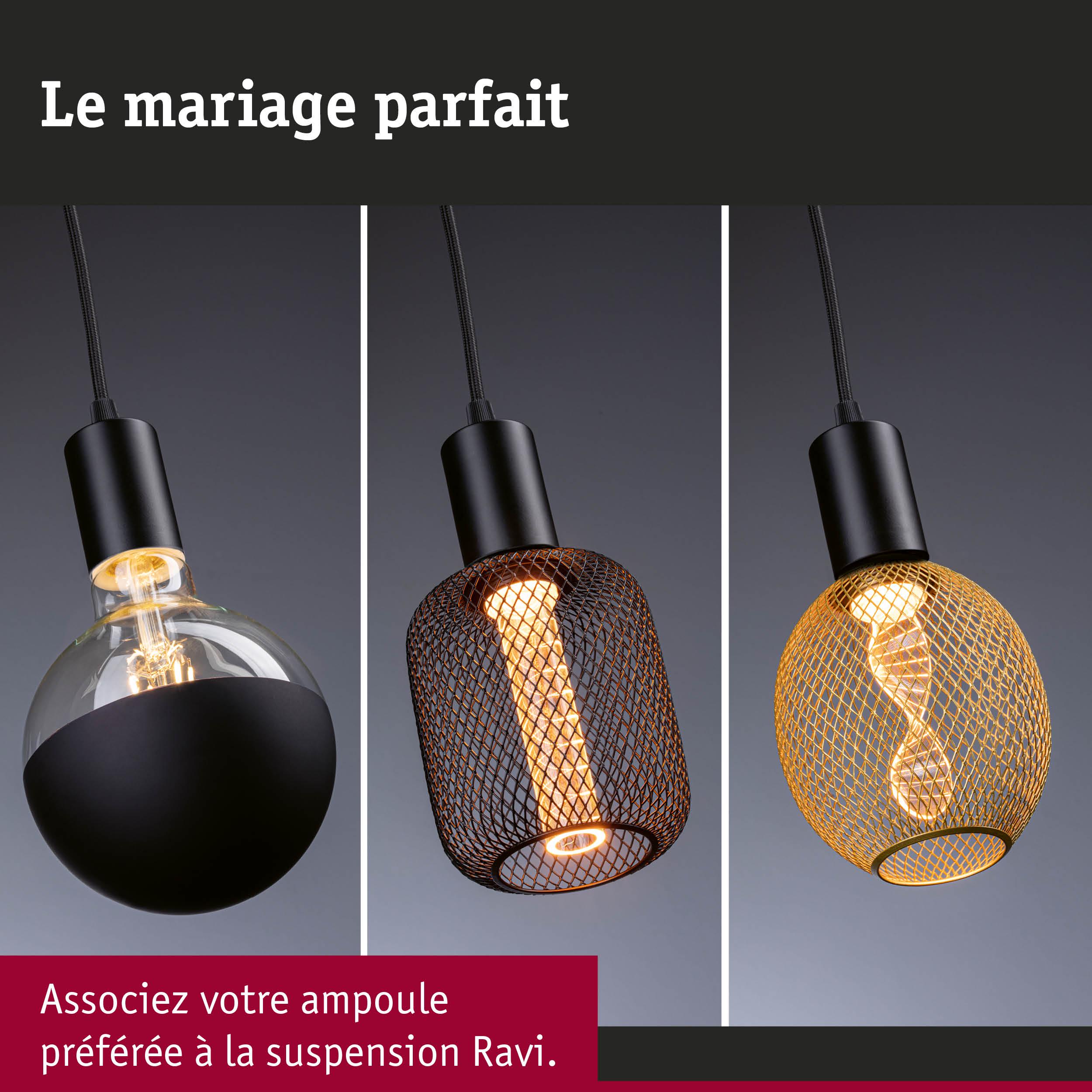 Trois suspensions modernes avec abat-jours en métal noir et doré et ampoules LED pour intérieur design