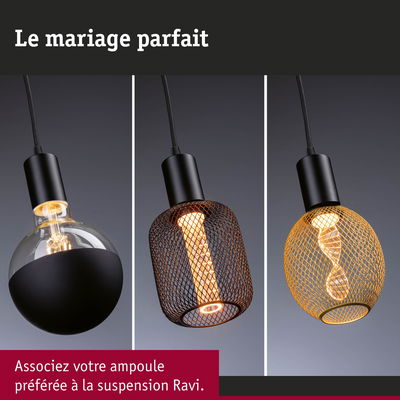 Trois suspensions modernes avec abat-jours en métal noir et doré et ampoules LED pour intérieur design