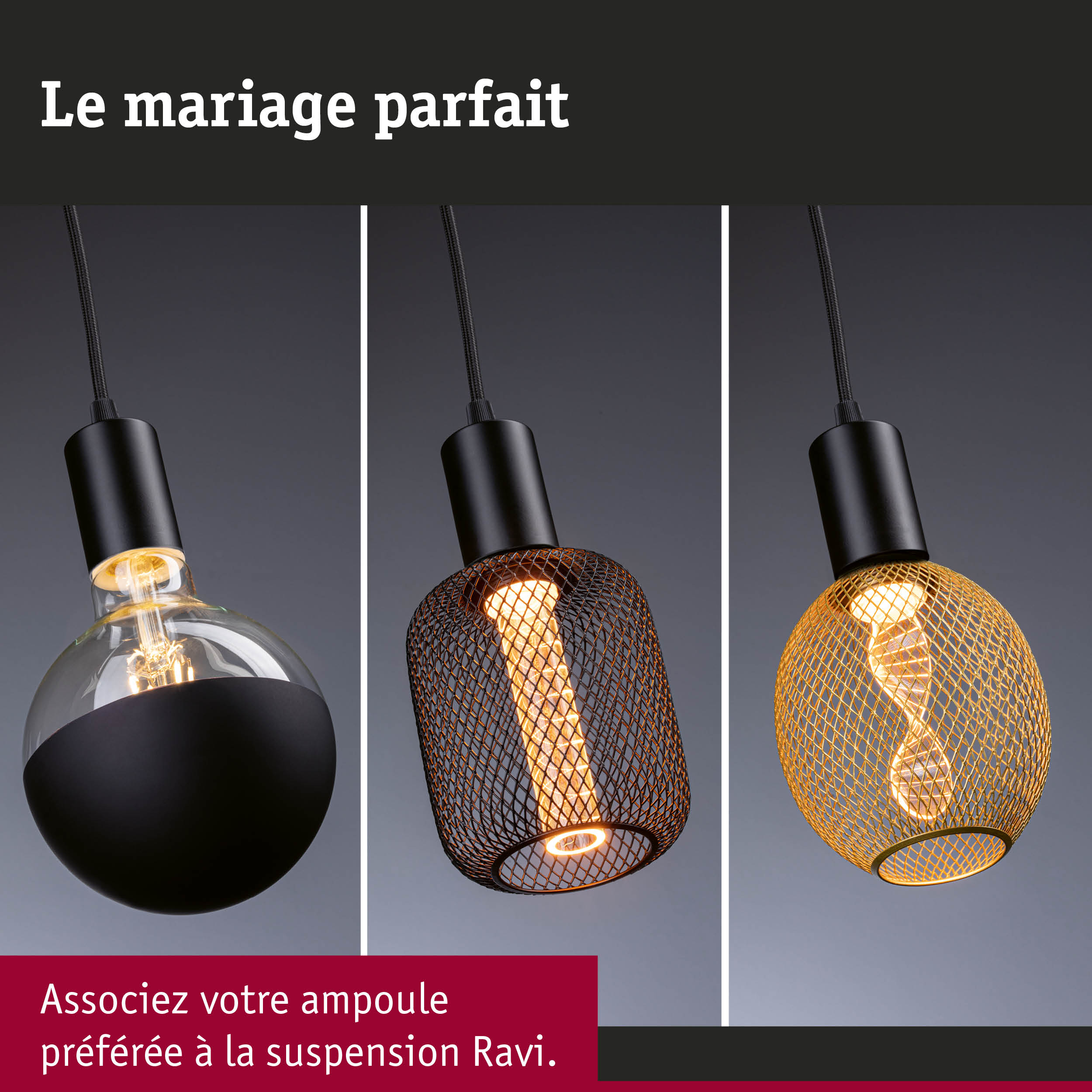 Trois suspensions modernes en métal noir avec différents abat-jours et lumière chaude