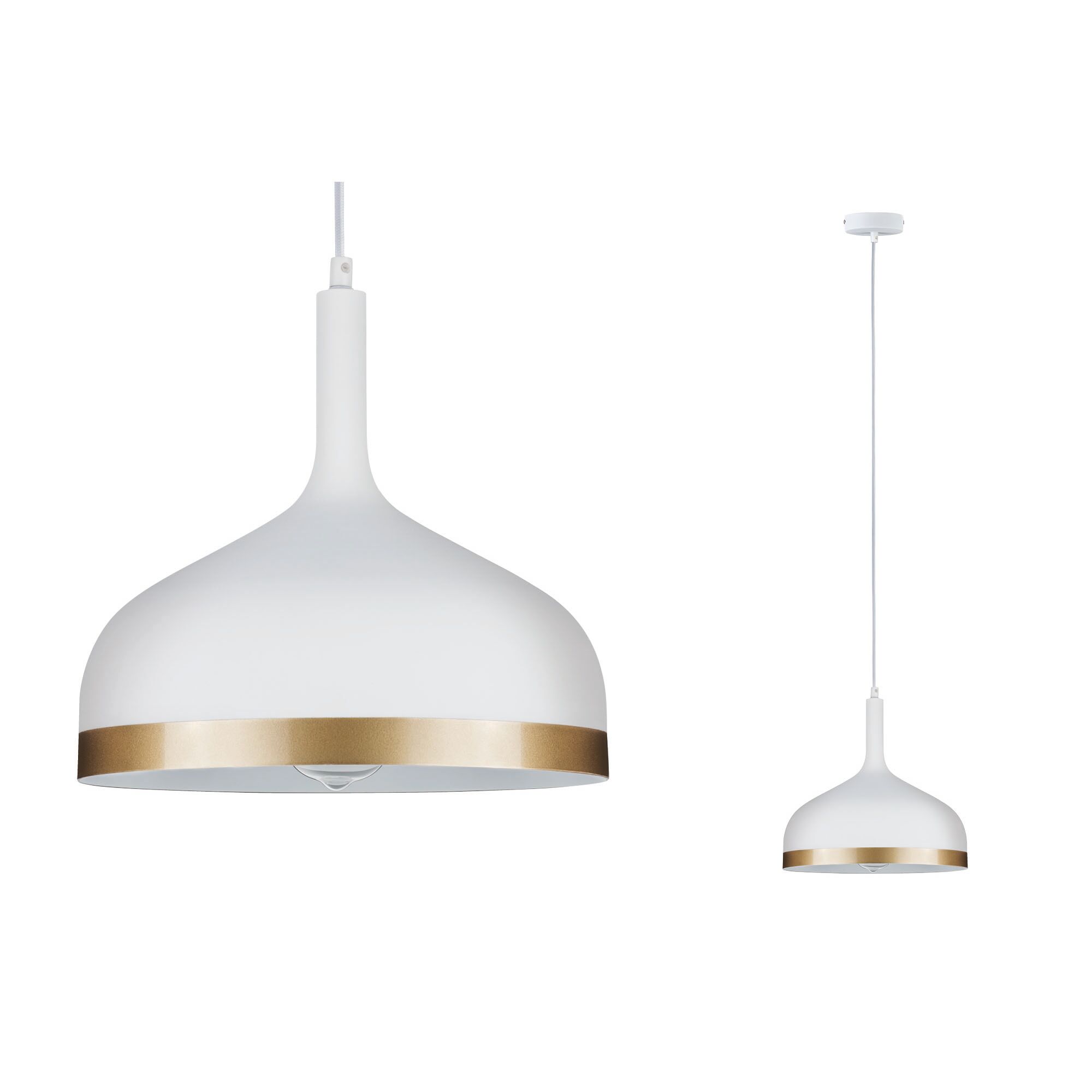 Hanglamp Embla E27 max. 20W Wit mat/Goud dimbaar Metaal Moderne witte metalen hanglamp met gouden rand voor stijlvolle binnenverlichting