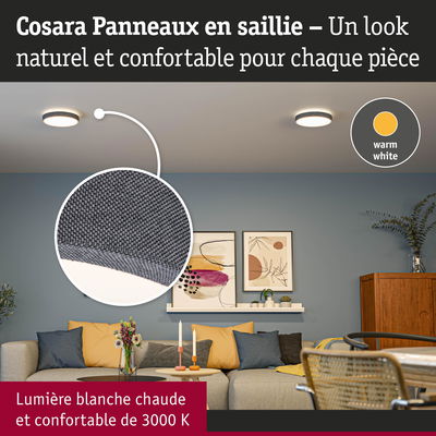 Salon avec plafonniers en tissu gris diffusant une lumière blanche chaude 3000K pour une ambiance naturelle