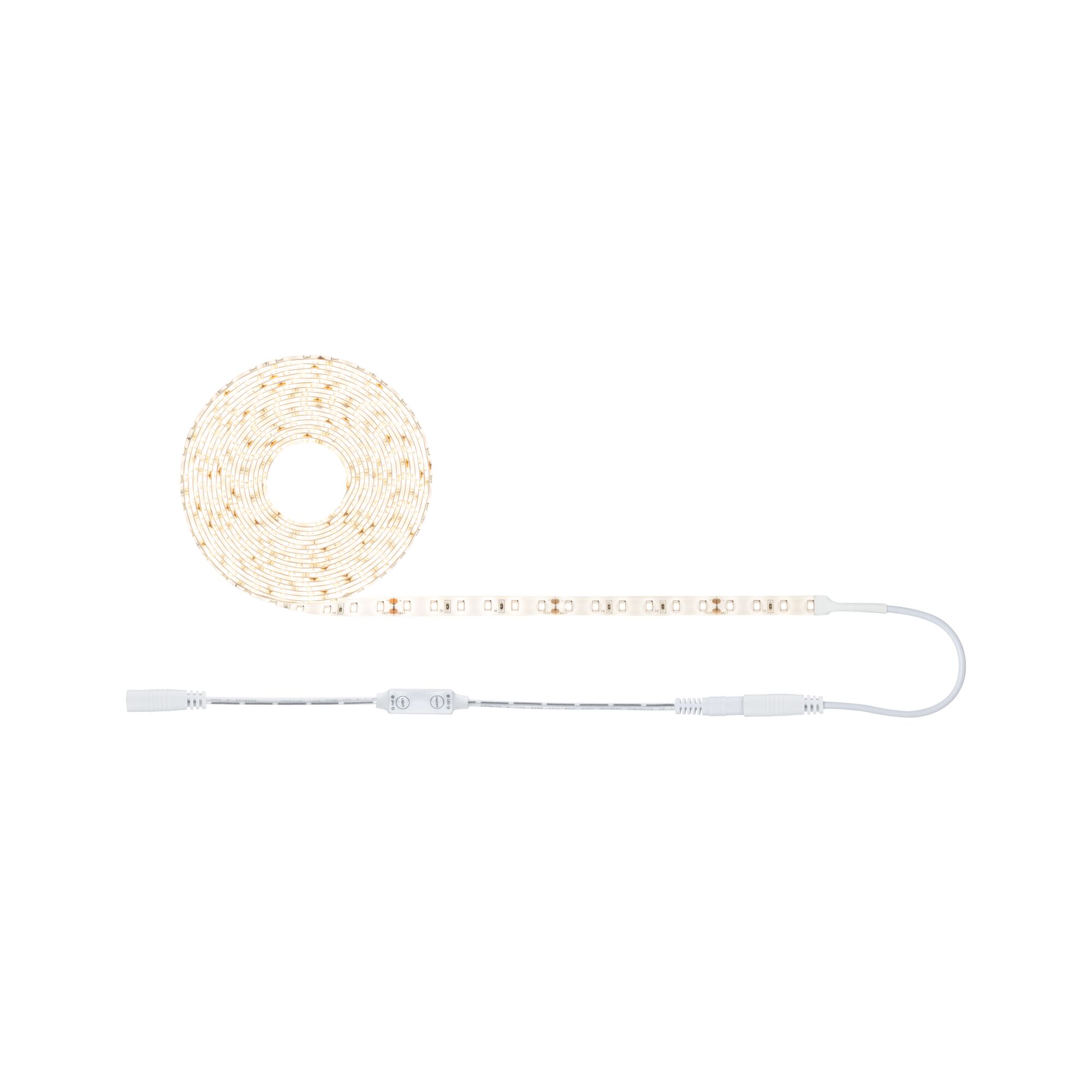 Witte LED-strip met dimmer en aansluitkabel voor veelzijdige verlichtingsopties.