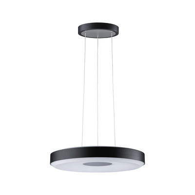 Modern round black LED pendant light with white diffuser for stylish room lighting