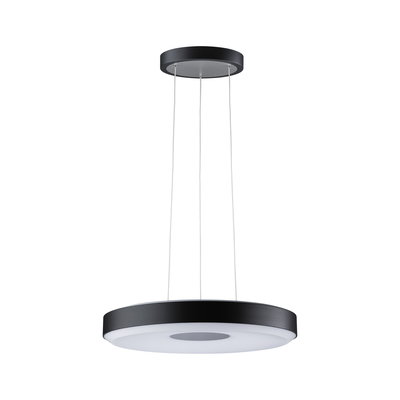 Modern round black LED pendant light with white diffuser for stylish room lighting