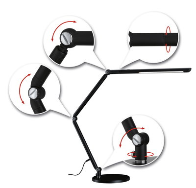 Black metal LED desk lamp with adjustable joints for flexible office lighting and modern workspace design.