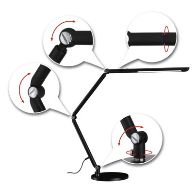 Black metal LED desk lamp with adjustable joints for flexible office lighting and modern workspace design.