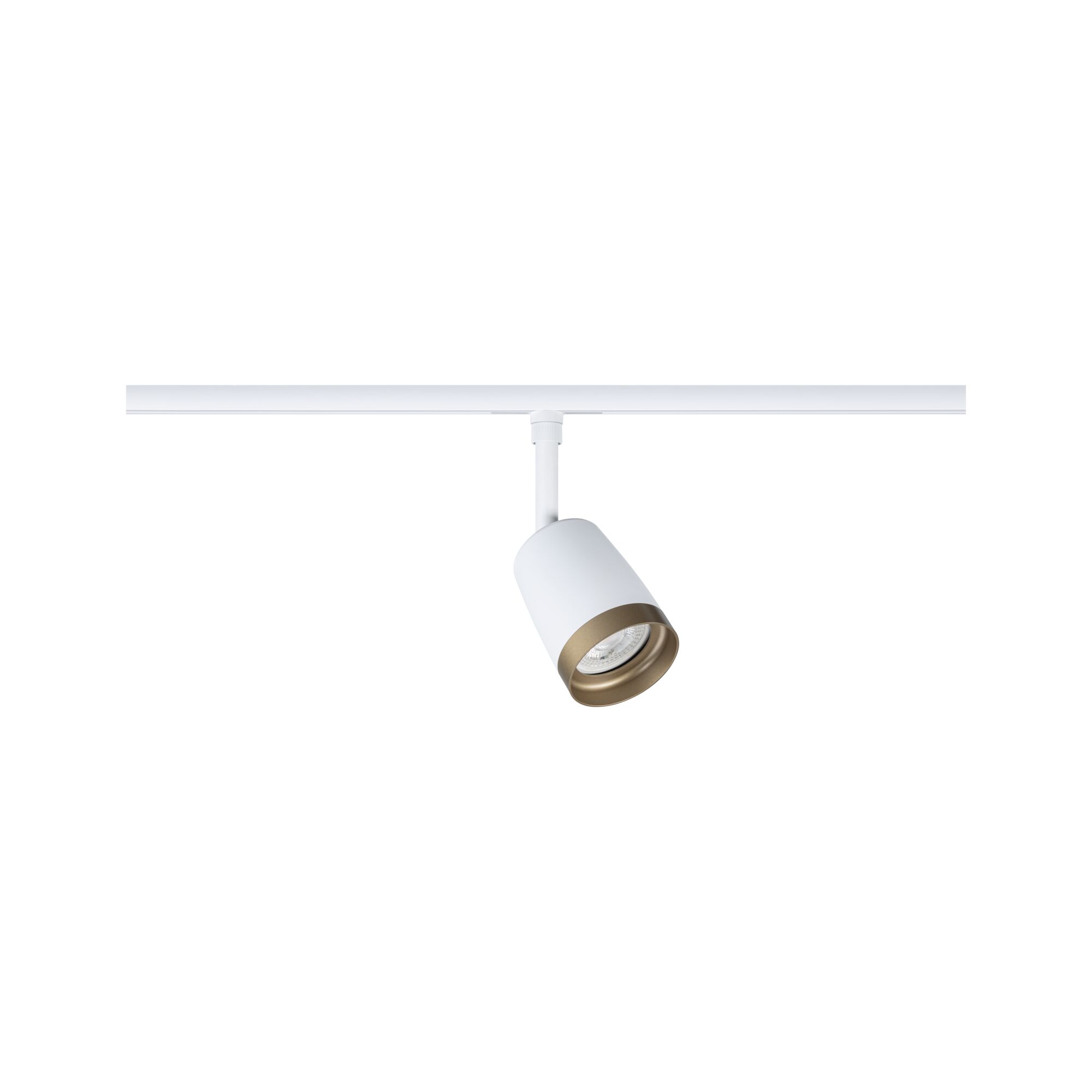 Modern white LED spotlight with gold trim for indoor track lighting systems