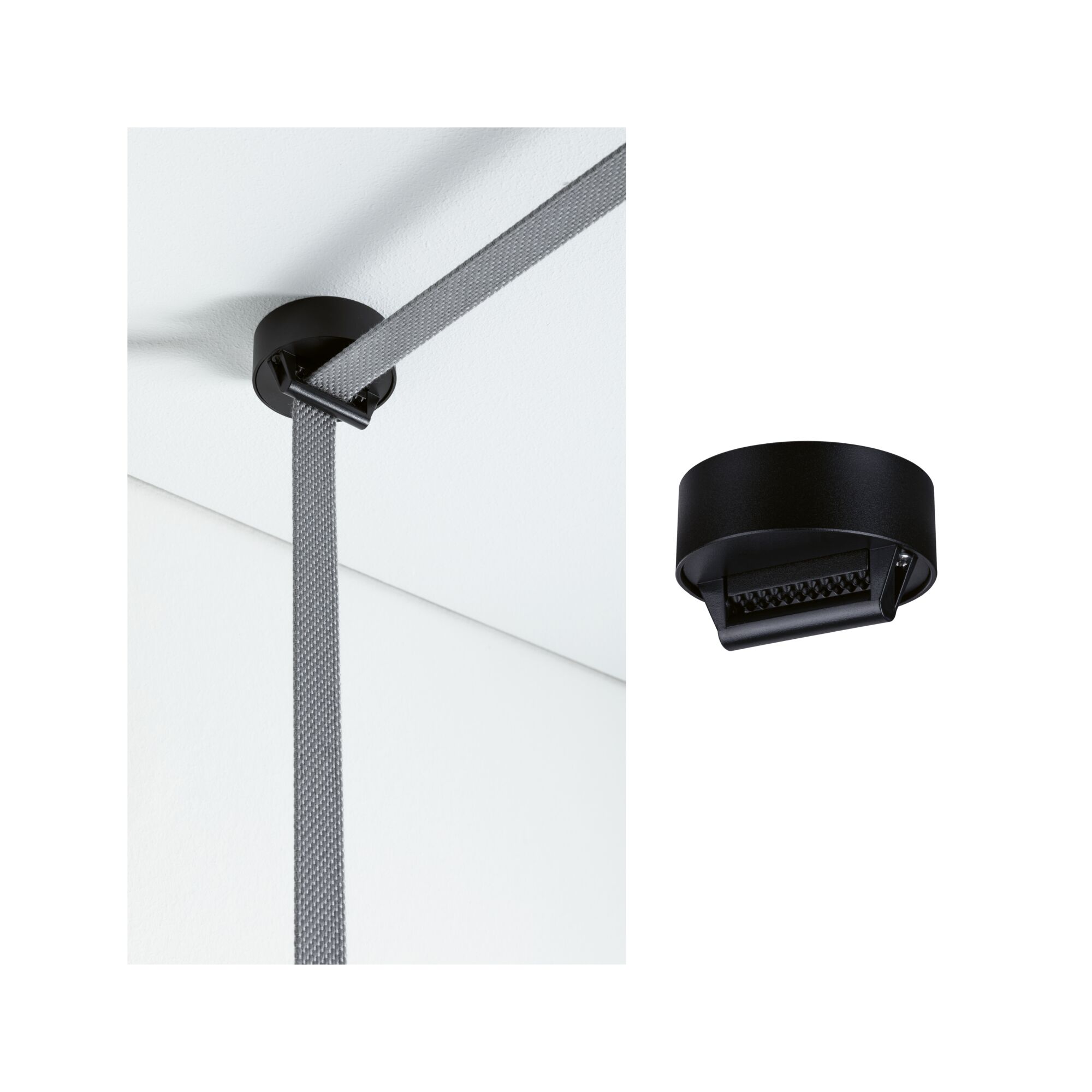 ULine Zubehör Gurt Halter Universal Schwarz Schwarze Deckenhalterung aus Metall mit grauem Textilband für flexible Beleuchtungssysteme