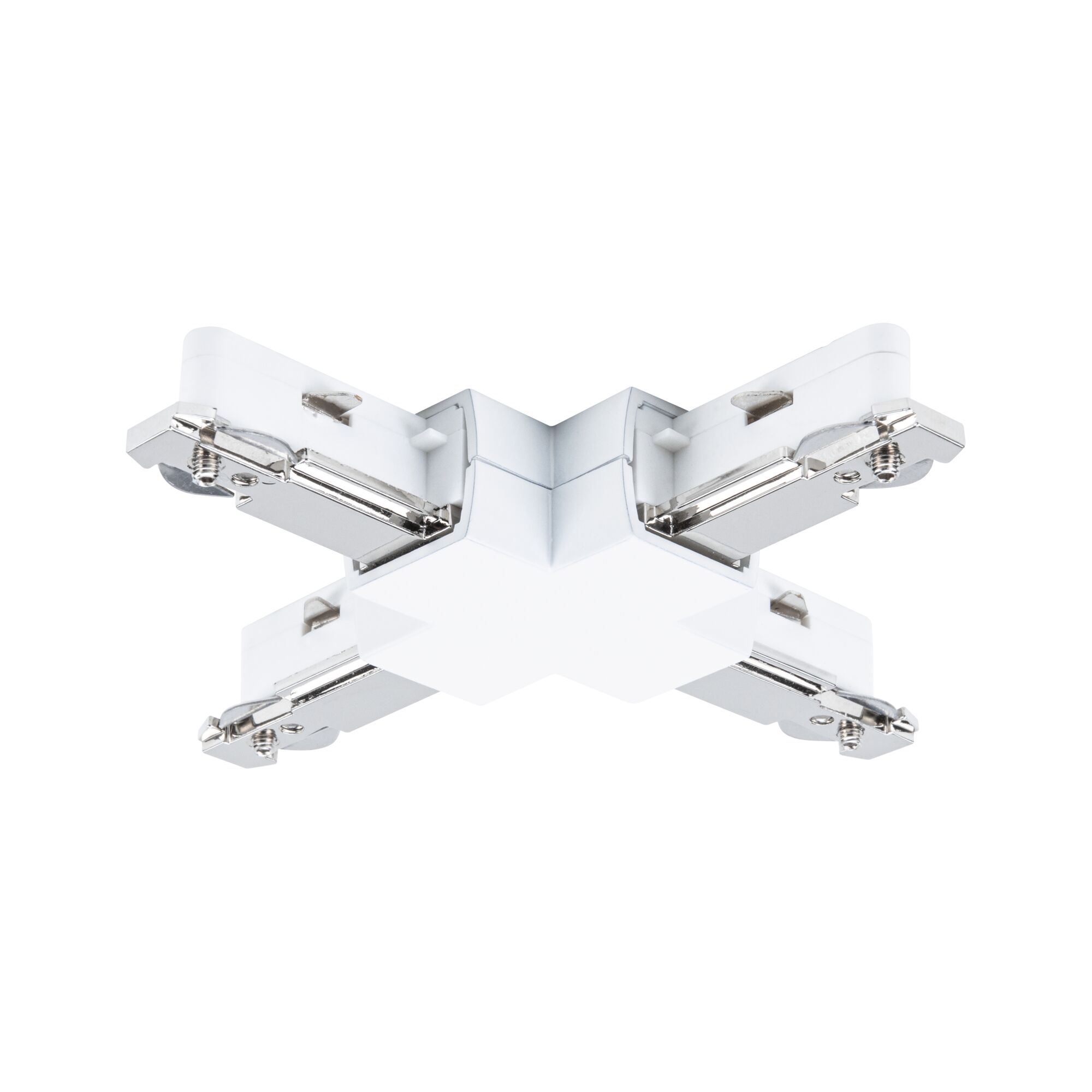 White X-shaped plastic and metal connector for track lighting systems, lighting accessory