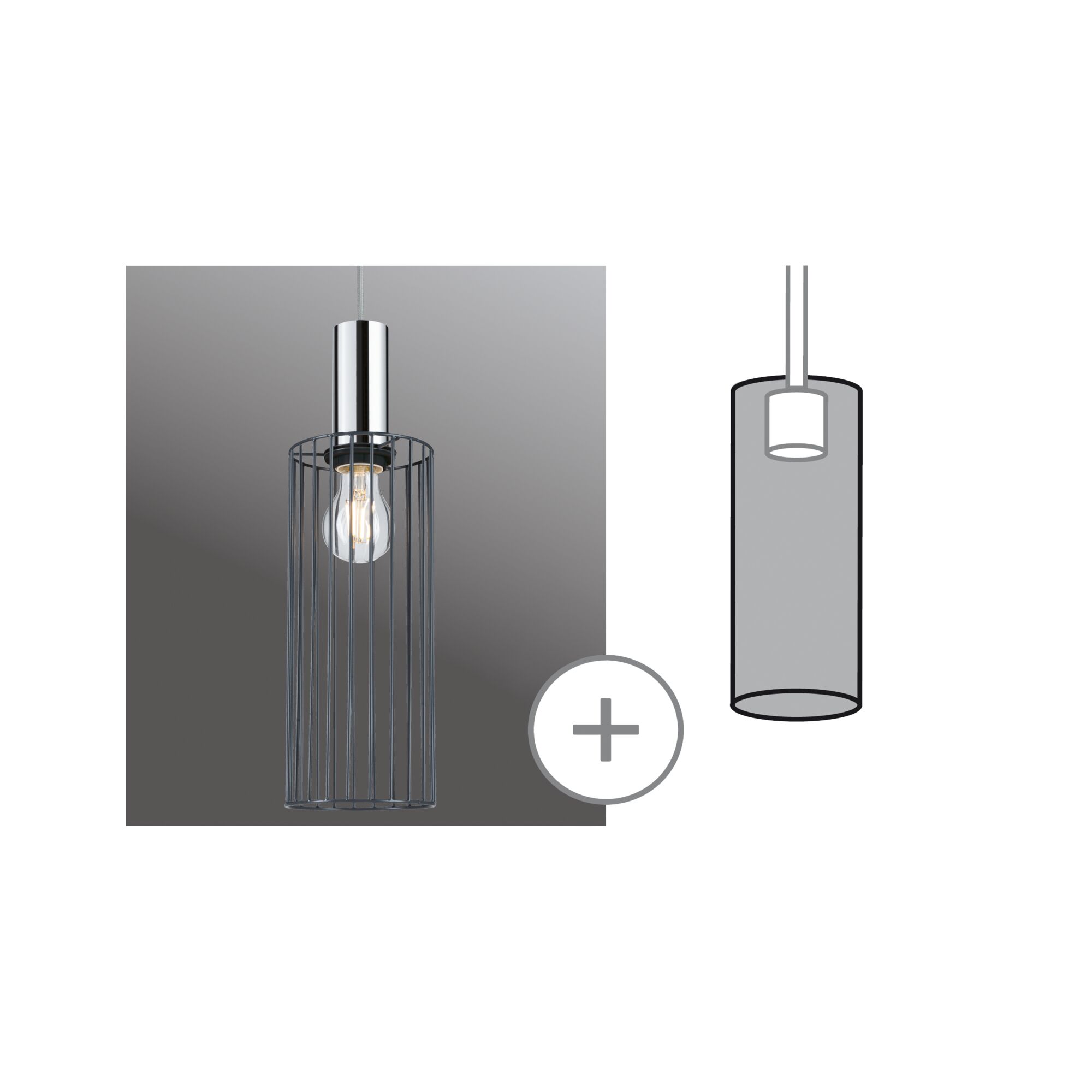 Modern pendant light with chrome metal cylinder and black wire cage lampshade for interior lighting