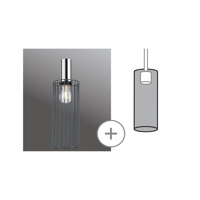Moderne Pendelleuchte mit chromfarbenem Metallzylinder und schwarzem Drahtgitter als Lampenschirm