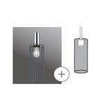 Moderne Pendelleuchte mit chromfarbenem Metallzylinder und schwarzem Drahtgitter als Lampenschirm