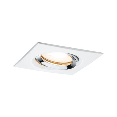 Square recessed spotlight in white with adjustable chrome ring for accent lighting in interiors