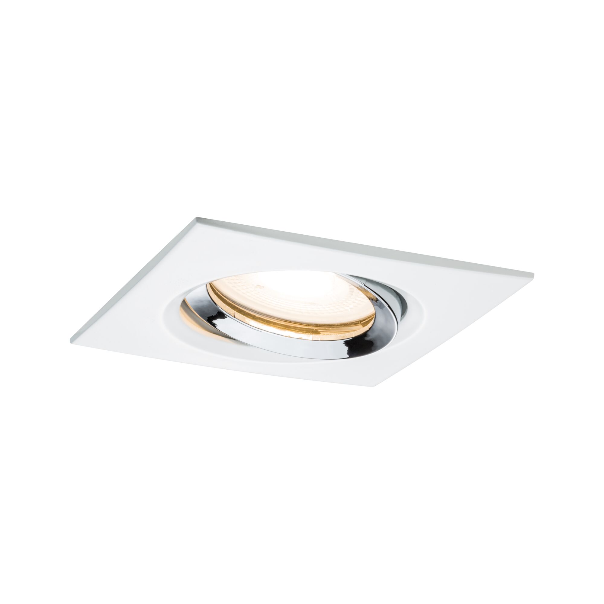 Spot encastré carré en métal blanc avec anneau chromé et lumière LED blanc chaud